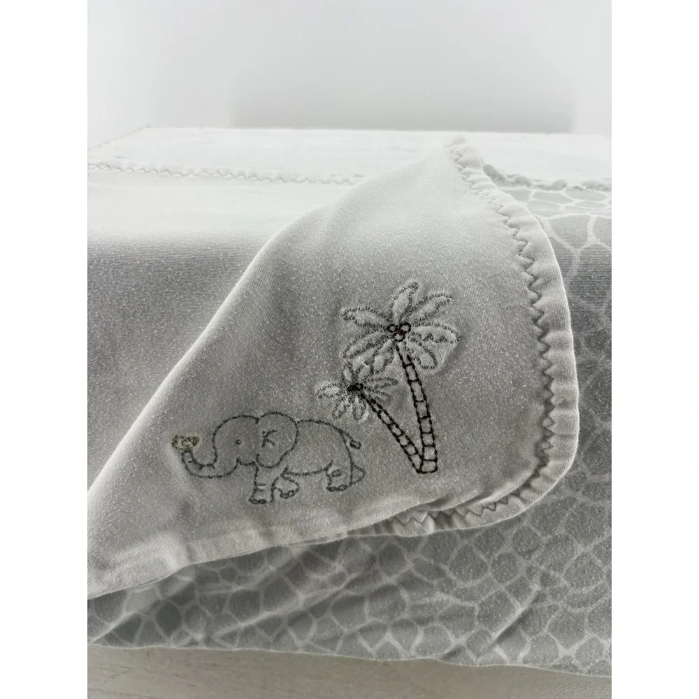 Just Born Animal Kingdom Reversible Baby Blanket Gray White Elephant Embroidery